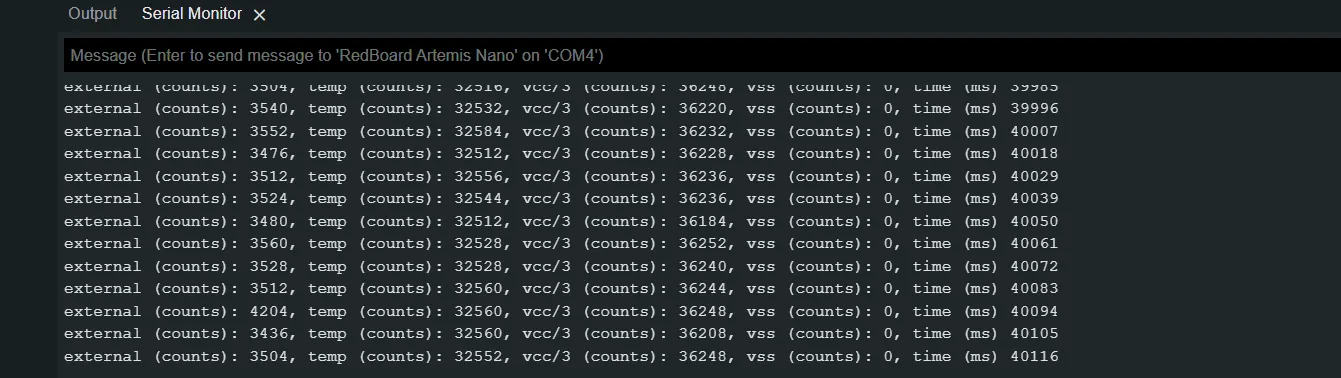 The serial console generated by the temperature sensor example code