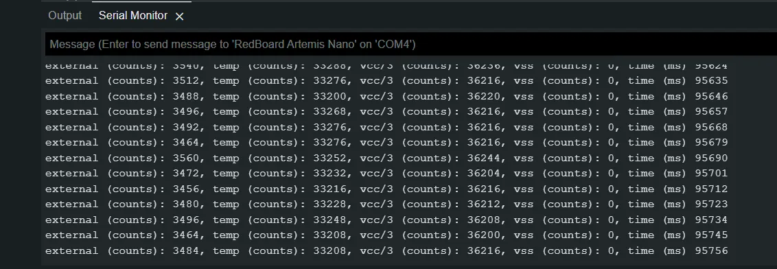 The serial console generated by the temperature sensor example code after warming