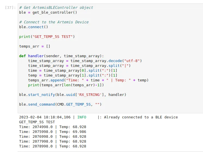 The Python output of the Get Temperature Command