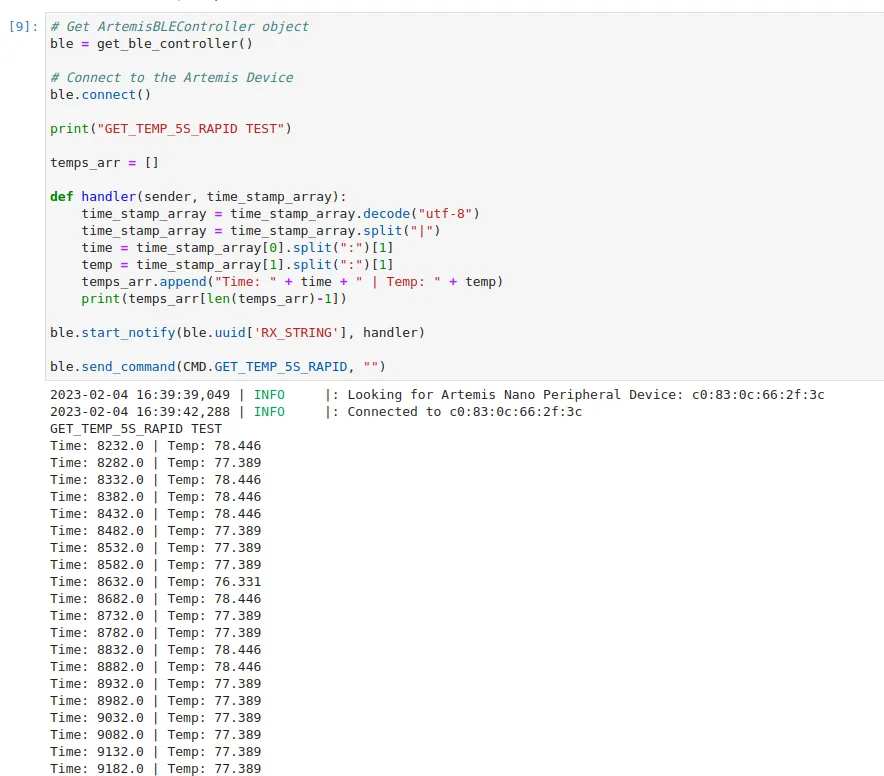 The python output for rapid temperature sensing